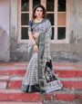 Monochrome White and Black Tussar Silk Saree with Tribal Art Motifs and Zari Border