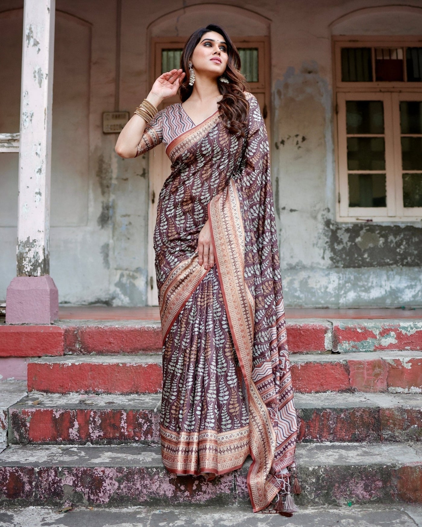 Pure Silk Digitally Printed Saree Weaved With Golden Zari Comes With Tassels - Almaari Fashion