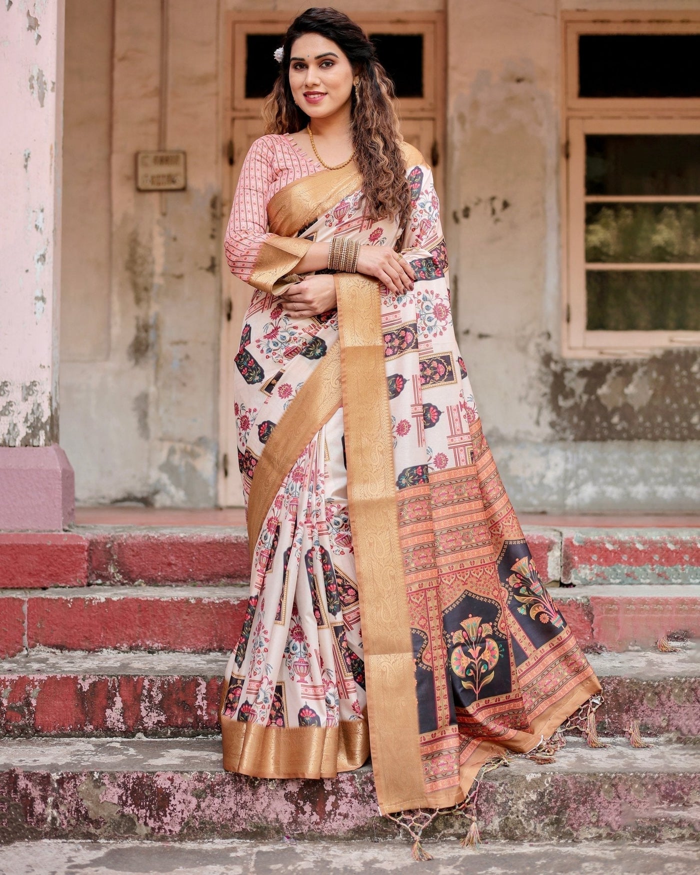 Pure Silk Digitally Printed Saree Weaved With Golden Zari Comes With Tassels - Almaari Fashion