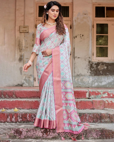 Pure Silk Digitally Printed Saree Weaved With Golden Zari Comes With Tassels - Almaari Fashion