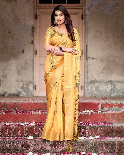 Pure Silk Digitally Printed Saree Weaved With Golden Zari Comes With Tassels - Almaari Fashion