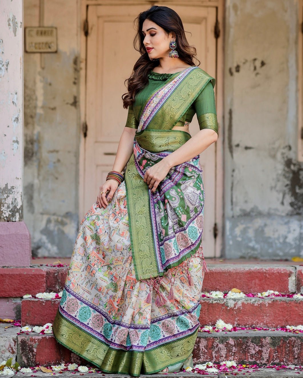 Pure Silk Digitally Printed Saree Weaved With Golden Zari Comes With Tassels - Almaari Fashion