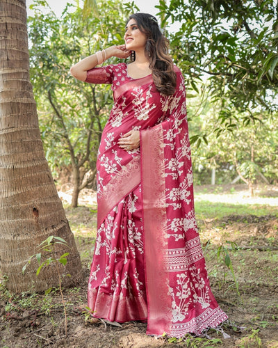 Pure Silk Digitally Printed Saree Weaved With Golden Zari Comes With Tassels - Almaari Fashion