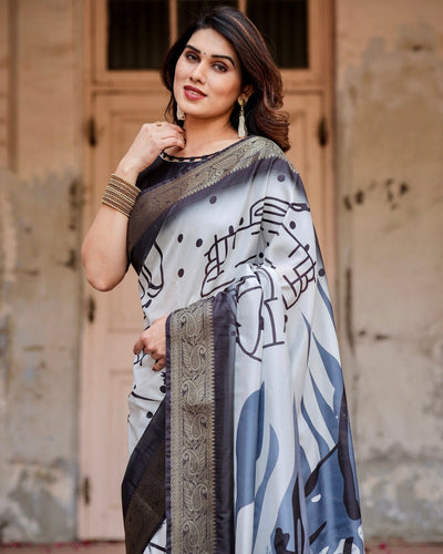 Pure Silk Digitally Printed Saree Weaved With Golden Zari Comes With Tassels - Almaari Fashion