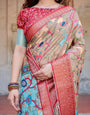 Beige Tussar Silk Saree with Vibrant Multicolor Floral Prints and Red Zari Border