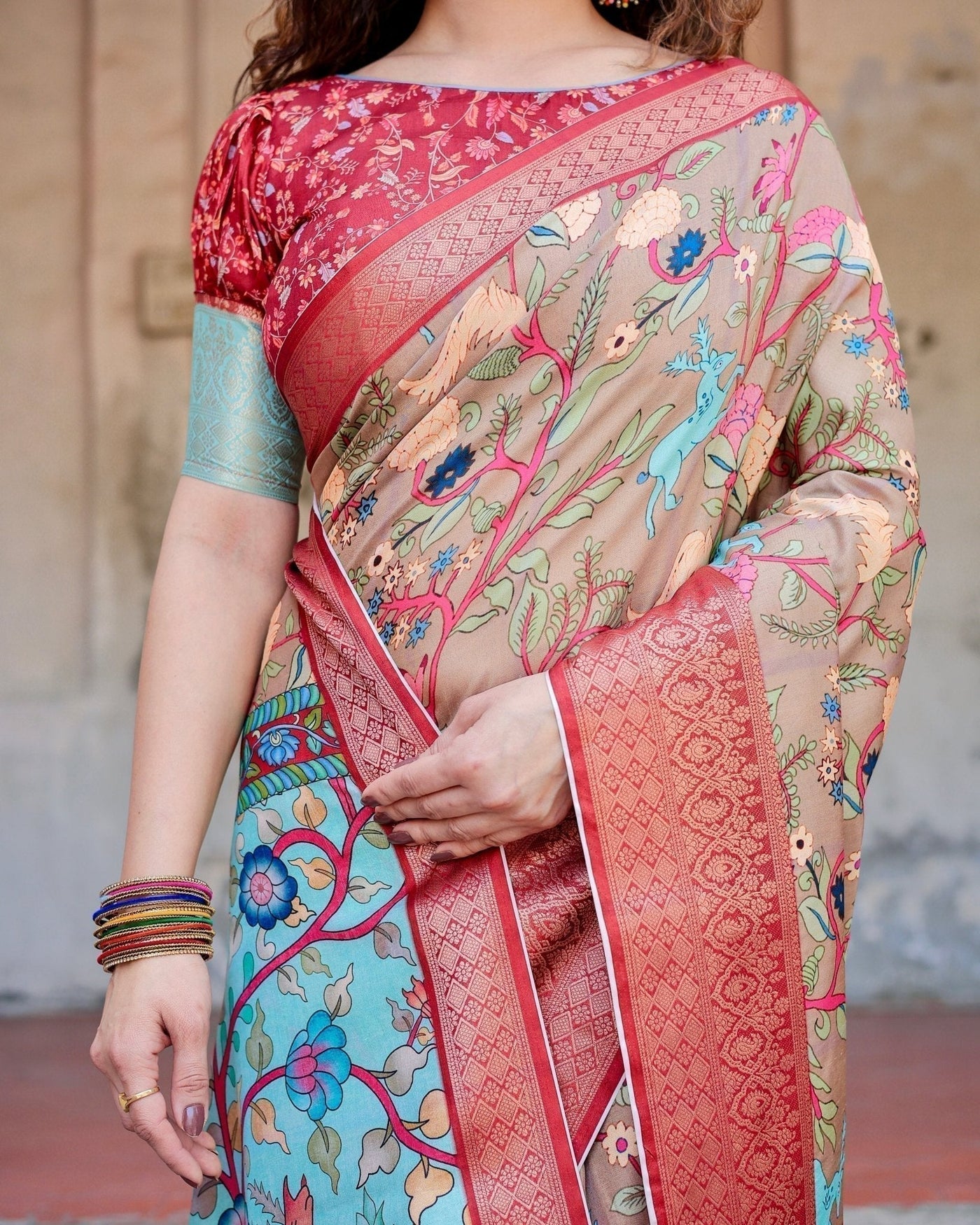 Pure Silk Digitally Printed Saree Weaved With Golden Zari Comes With Tassels - Almaari Fashion