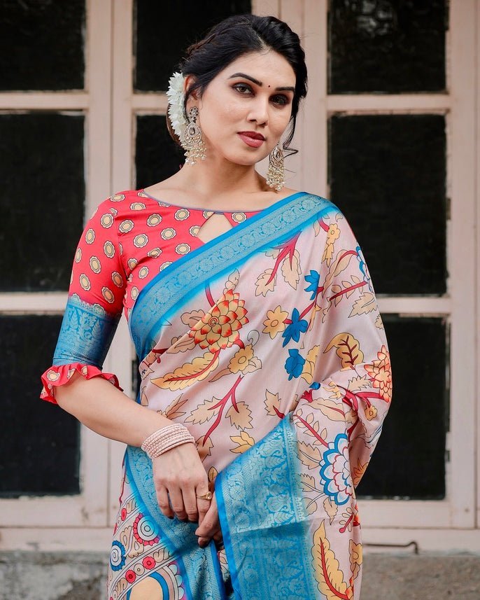 Pure Silk Digitally Printed Saree Weaved With Golden Zari Comes With Tassels - Almaari Fashion