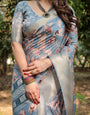 Stylish Sky Blue Tussar Silk Saree with Beige and Gold Zari Work and Contemporary Pallu Design