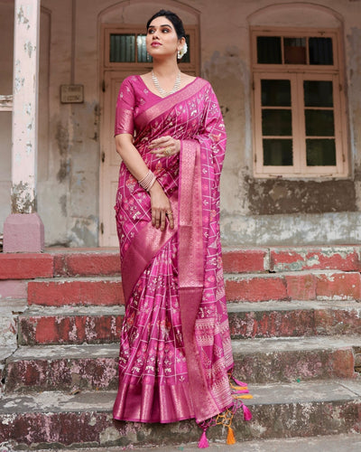 Pure Silk Digitally Printed Saree Weaved With Golden Zari Comes With Tassels - Almaari Fashion