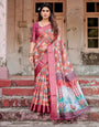 Maroon Tussar Silk Saree with Vibrant Geometric Tile Print and Zari Paisley Border