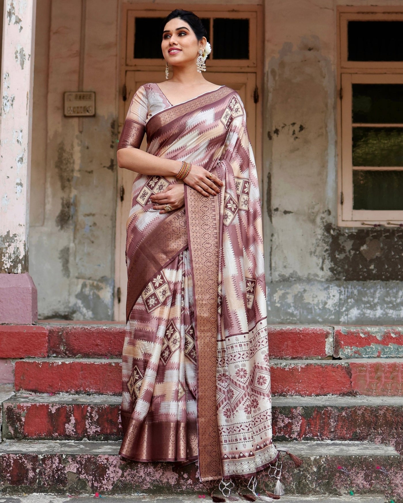 Pure Silk Digitally Printed Saree Weaved With Golden Zari Comes With Tassels - Almaari Fashion