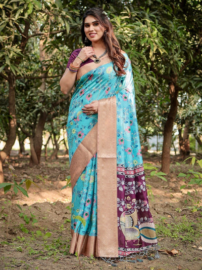 Pure Silk Digitally Printed Saree Weaved With Golden Zari Comes With Tassels - Almaari Fashion