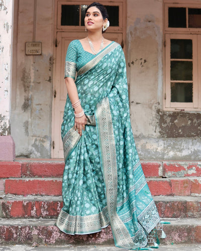 Pure Silk Digitally Printed Saree Weaved With Golden Zari Comes With Tassels - Almaari Fashion