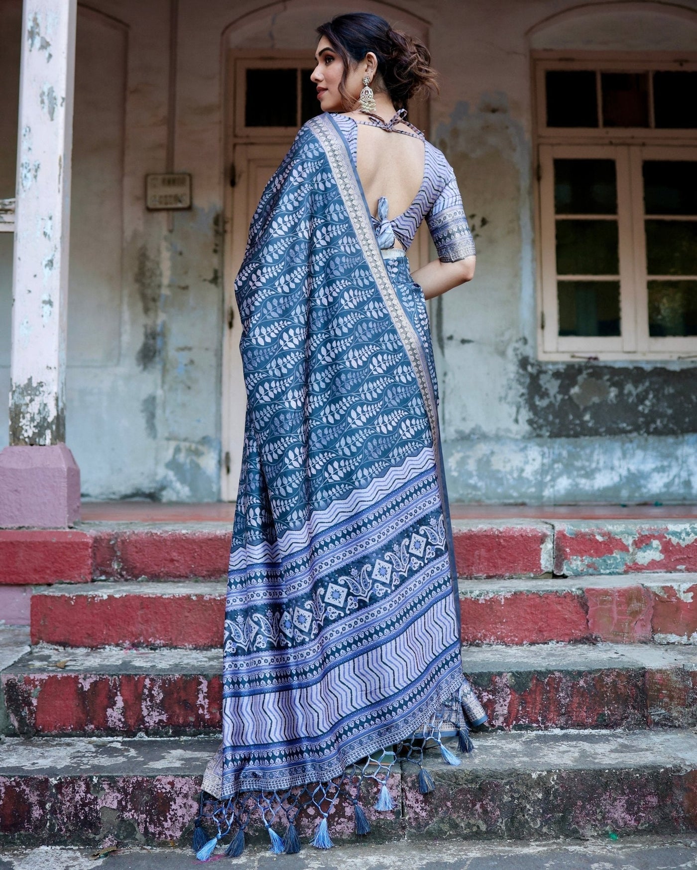 Pure Silk Digitally Printed Saree Weaved With Golden Zari Comes With Tassels - Almaari Fashion