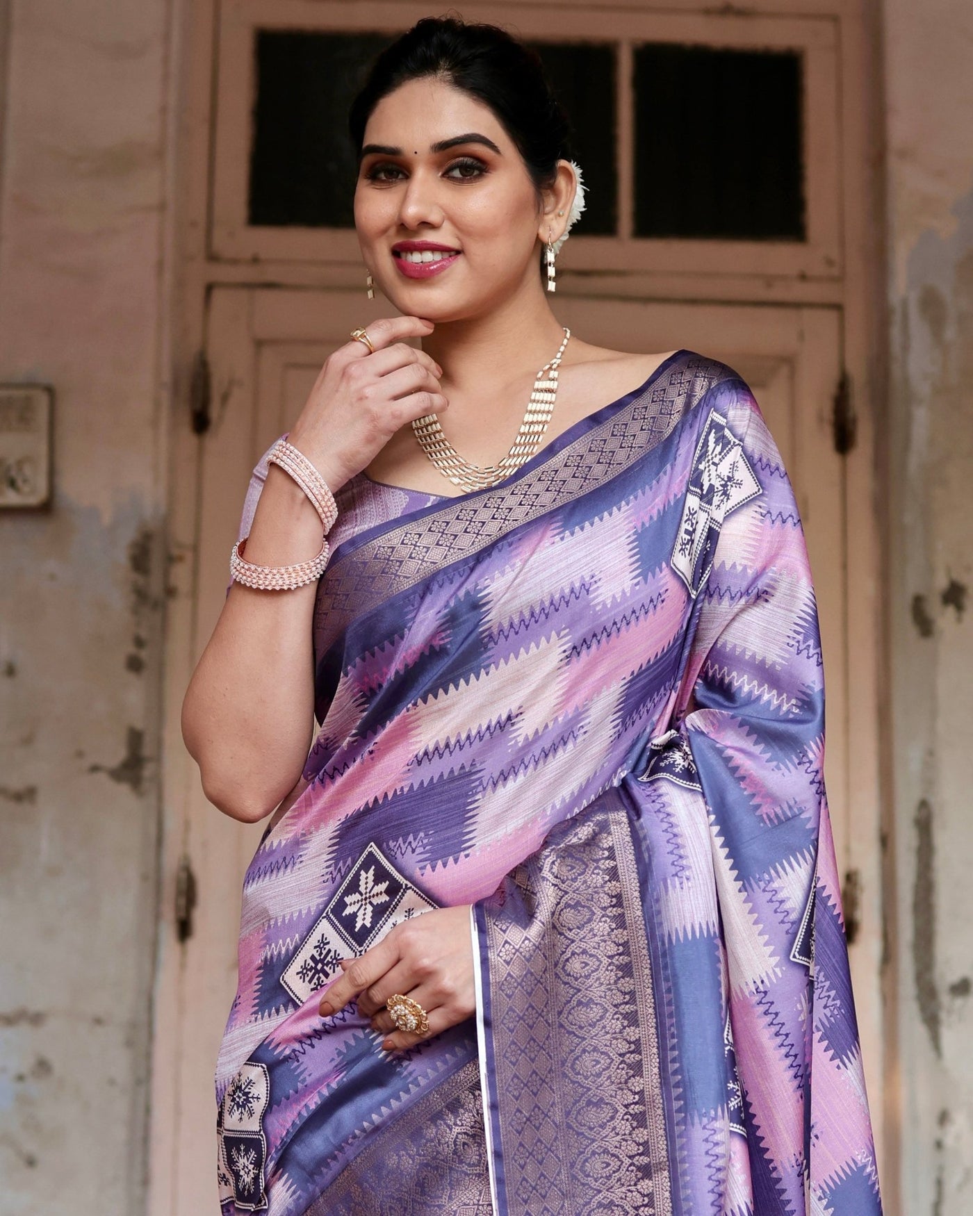 Pure Silk Digitally Printed Saree Weaved With Golden Zari Comes With Tassels - Almaari Fashion