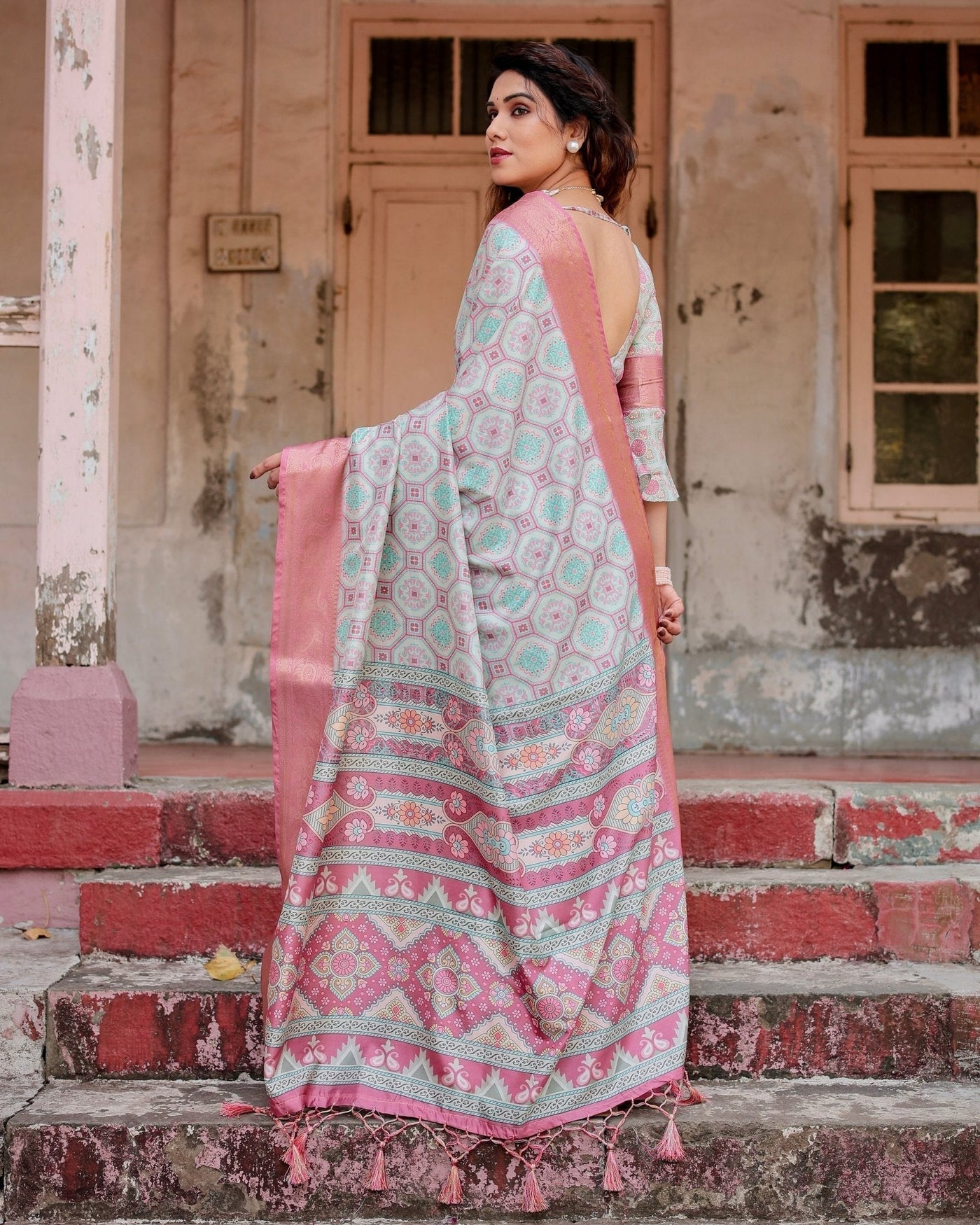 Pure Silk Digitally Printed Saree Weaved With Golden Zari Comes With Tassels - Almaari Fashion