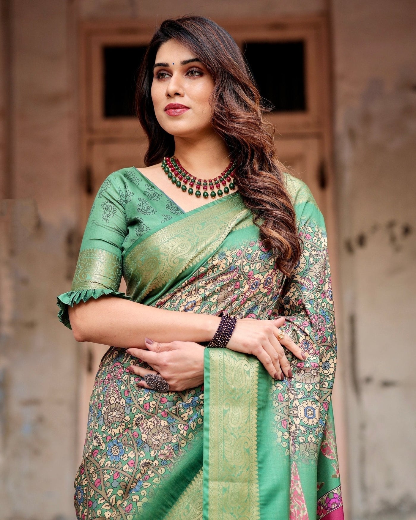 Pure Silk Digitally Printed Saree Weaved With Golden Zari Comes With Tassels - Almaari Fashion