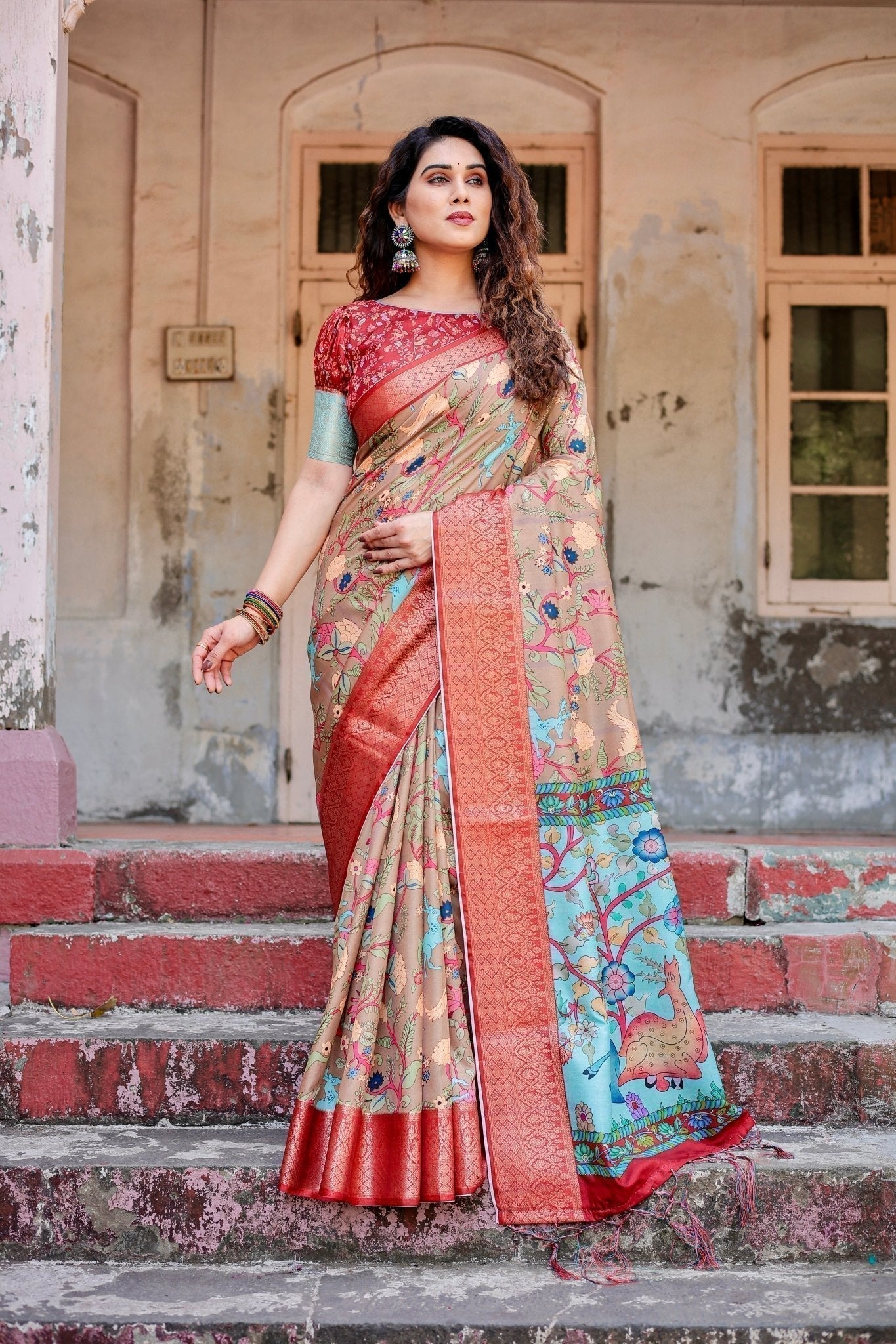 Pure Silk Digitally Printed Saree Weaved With Golden Zari Comes With Tassels - Almaari Fashion