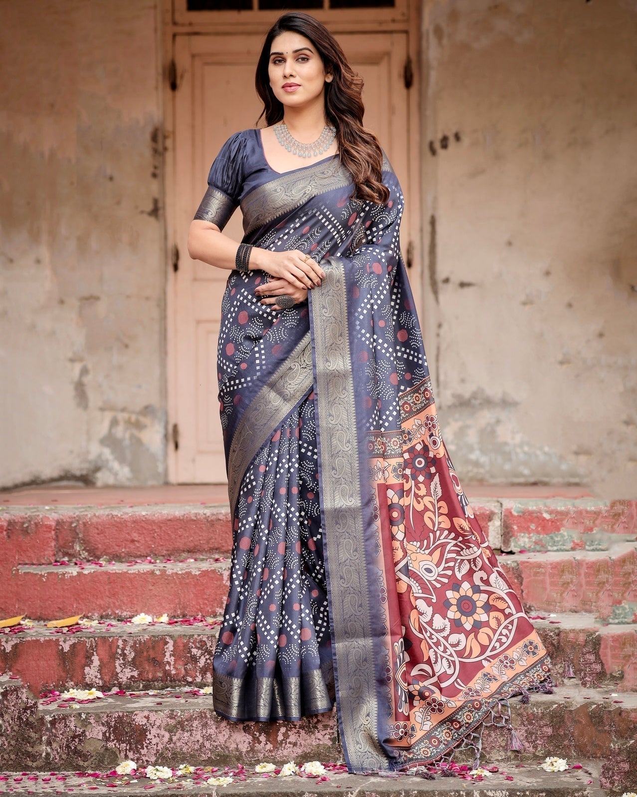 Pure Silk Digitally Printed Saree Weaved With Golden Zari Comes With Tassels - Almaari Fashion