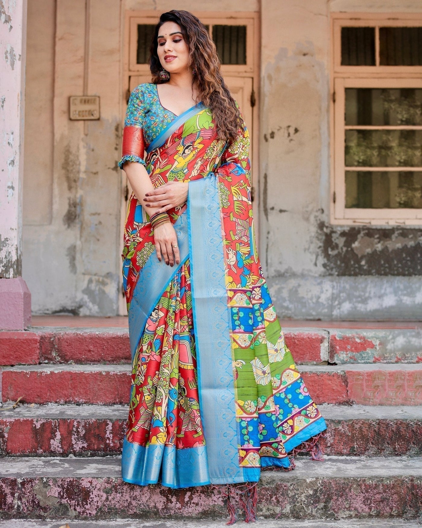 Pure Silk Digitally Printed Saree Weaved With Golden Zari Comes With Tassels - Almaari Fashion