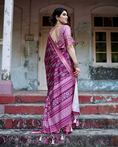 Pure Silk Digitally Printed Saree Weaved With Golden Zari Comes With Tassels - Almaari Fashion