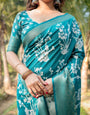 Teal Blue Tussar Silk Saree with White Floral Design, Gold Zari Border & Tassel Pallu