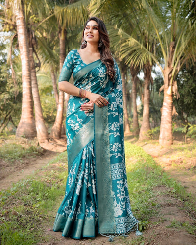 Pure Silk Digitally Printed Saree Weaved With Golden Zari Comes With Tassels - Almaari Fashion