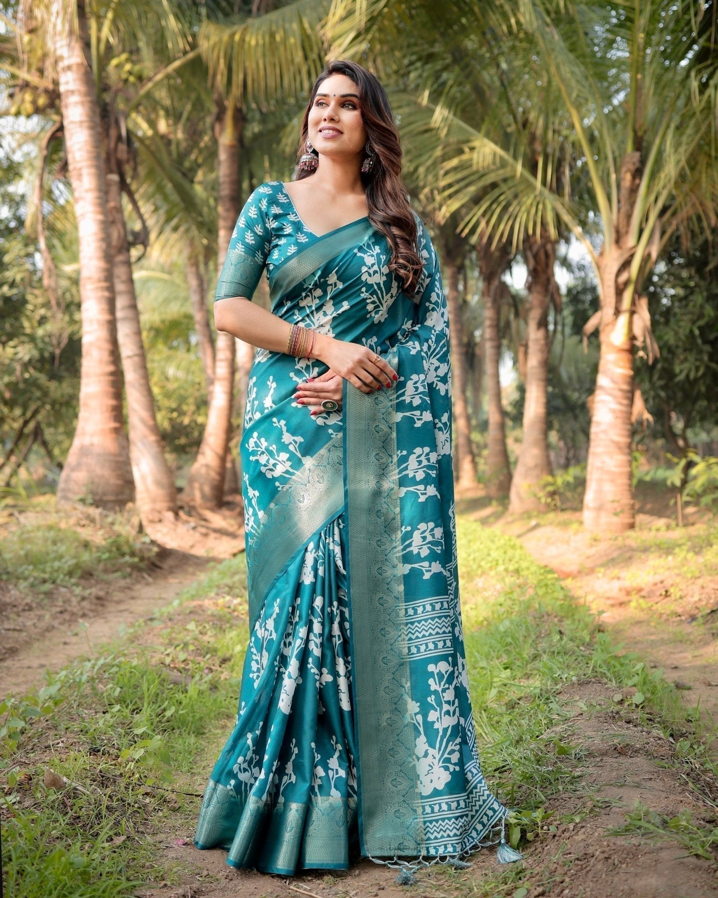 Pure Silk Digitally Printed Saree Weaved With Golden Zari Comes With Tassels - Almaari Fashion