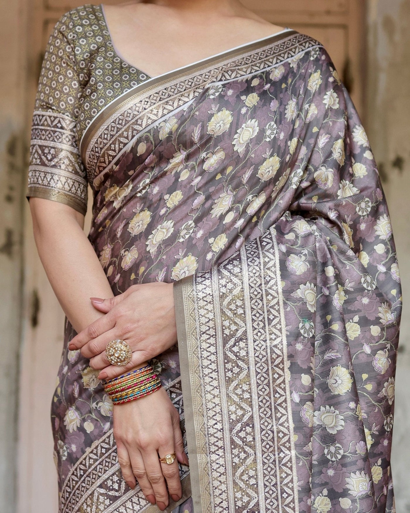 Pure Silk Digitally Printed Saree Weaved With Golden Zari Comes With Tassels - Almaari Fashion