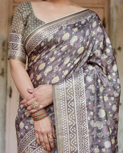 Pure Silk Digitally Printed Saree Weaved With Golden Zari Comes With Tassels - Almaari Fashion