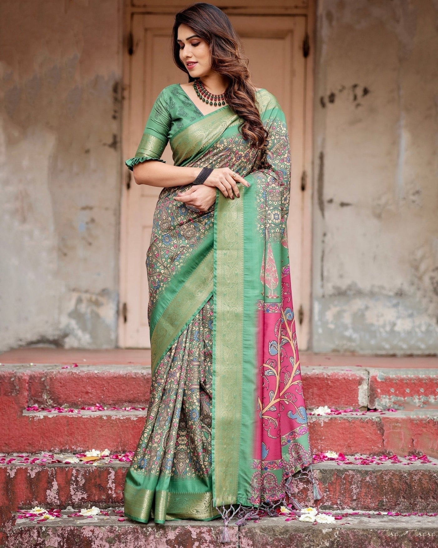 Pure Silk Digitally Printed Saree Weaved With Golden Zari Comes With Tassels - Almaari Fashion