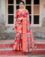 Vibrant Red Tussar Silk Saree with Bold Floral Motifs and Chevron Patterned Pallu