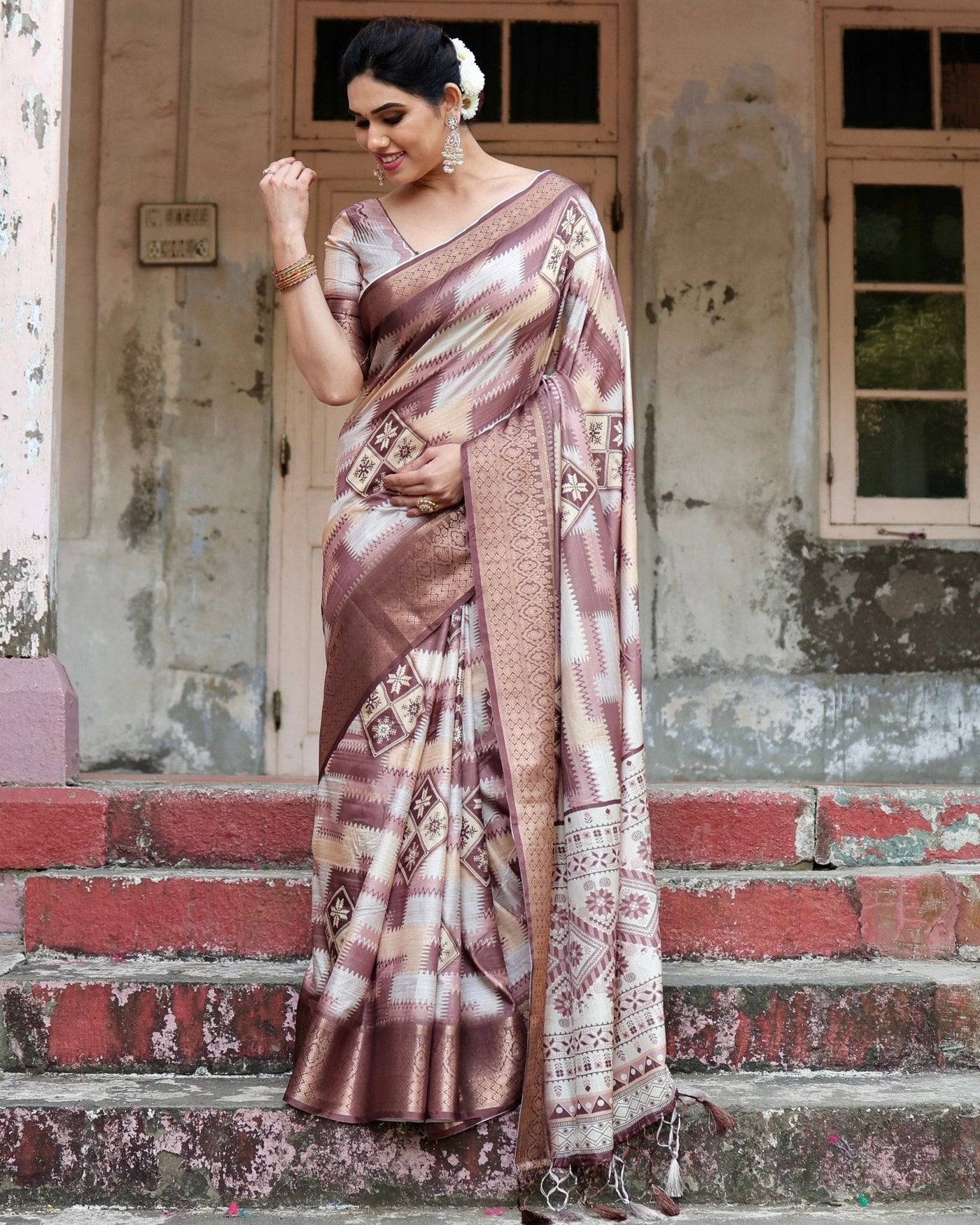 Pure Silk Digitally Printed Saree Weaved With Golden Zari Comes With Tassels - Almaari Fashion