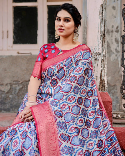 Pure Silk Digitally Printed Saree Weaved With Golden Zari Comes With Tassels - Almaari Fashion