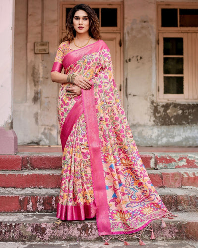 Pure Silk Digitally Printed Saree Weaved With Golden Zari Comes With Tassels - Almaari Fashion