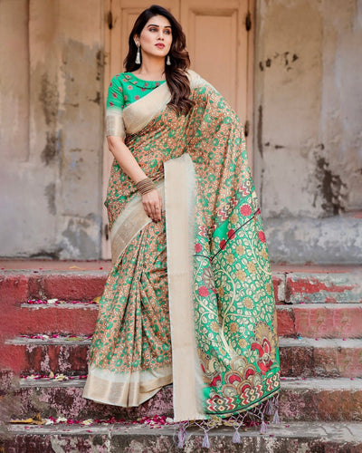 Pure Silk Digitally Printed Saree Weaved With Golden Zari Comes With Tassels - Almaari Fashion