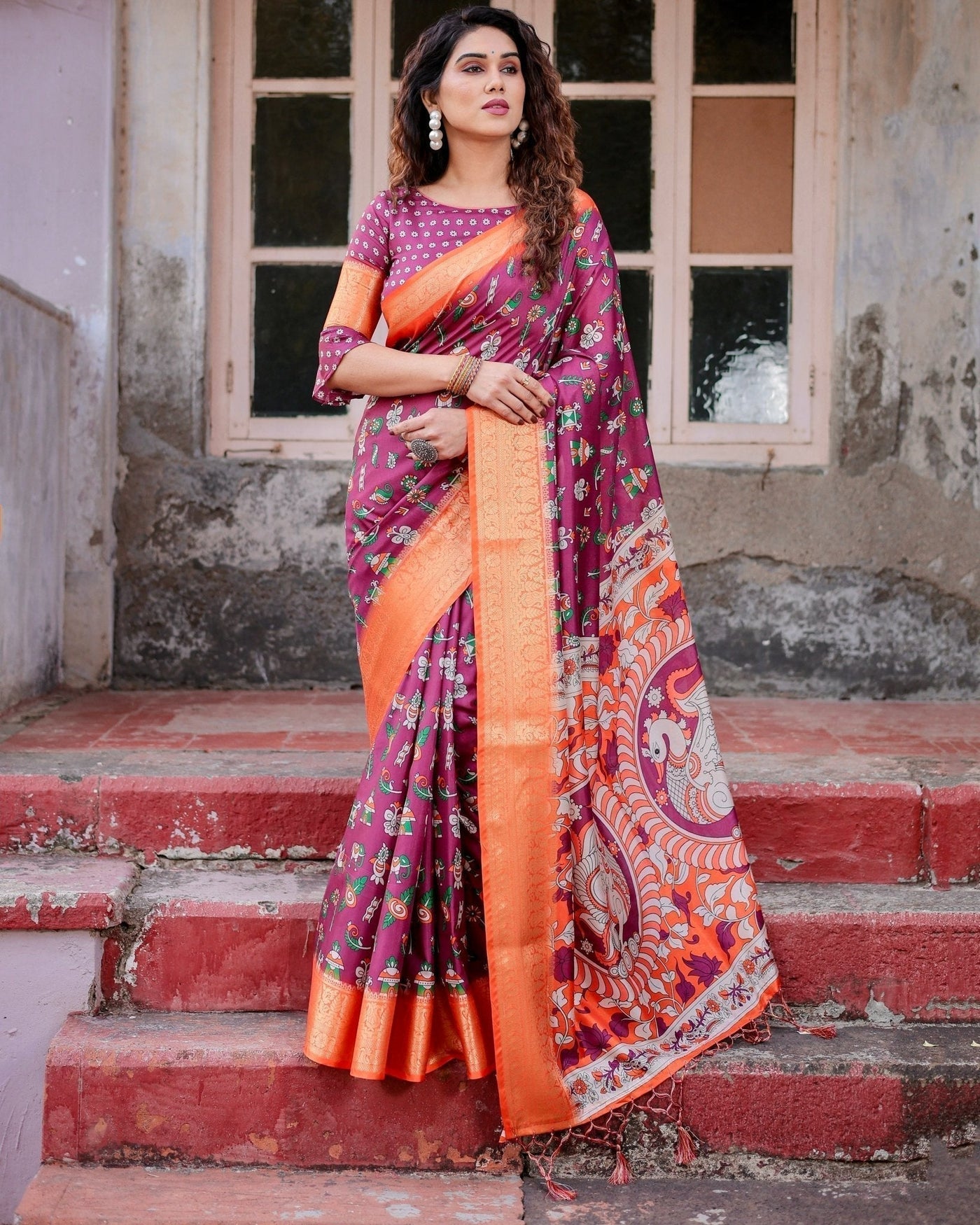 Pure Silk Digitally Printed Saree Weaved With Golden Zari Comes With Tassels - Almaari Fashion