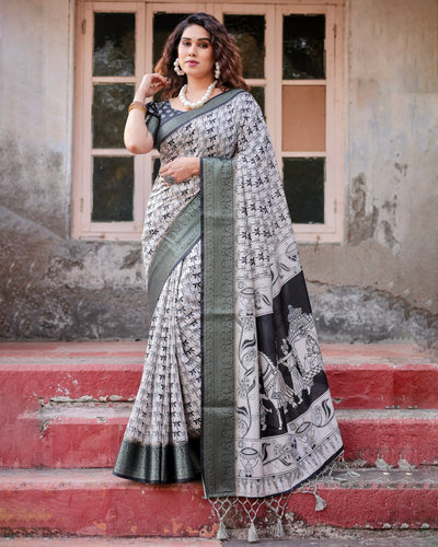 Pure Silk Digitally Printed Saree Weaved With Golden Zari Comes With Tassels - Almaari Fashion