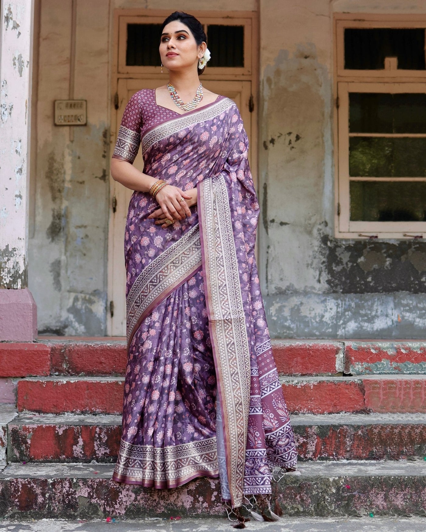 Pure Silk Digitally Printed Saree Weaved With Golden Zari Comes With Tassels - Almaari Fashion