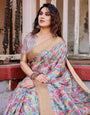 Exquisite Gray Floral Digital Print Saree with Golden Border and Ornamental Pallu