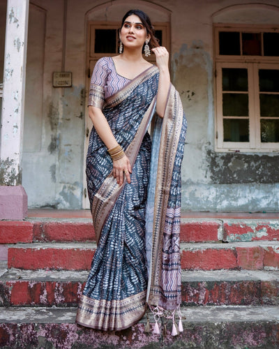 Pure Silk Digitally Printed Saree Weaved With Golden Zari Comes With Tassels - Almaari Fashion