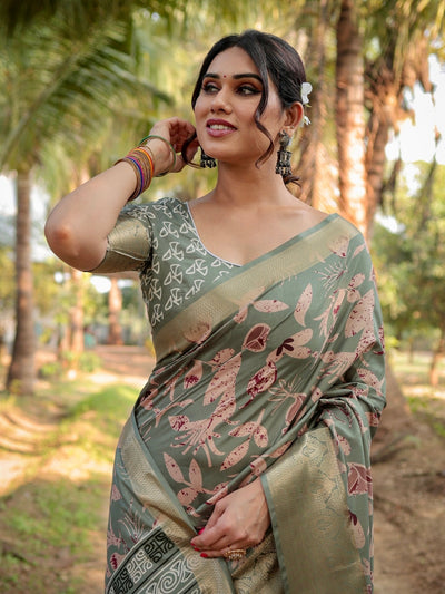 Pure Silk Digitally Printed Saree Weaved With Golden Zari Comes With Tassels - Almaari Fashion