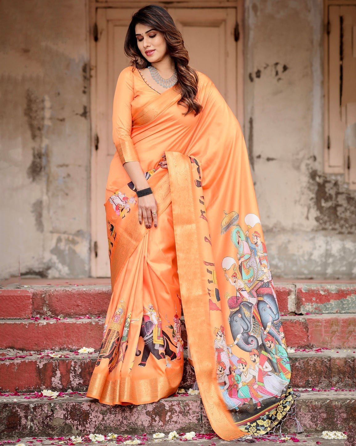 Pure Silk Digitally Printed Saree Weaved With Golden Zari Comes With Tassels - Almaari Fashion