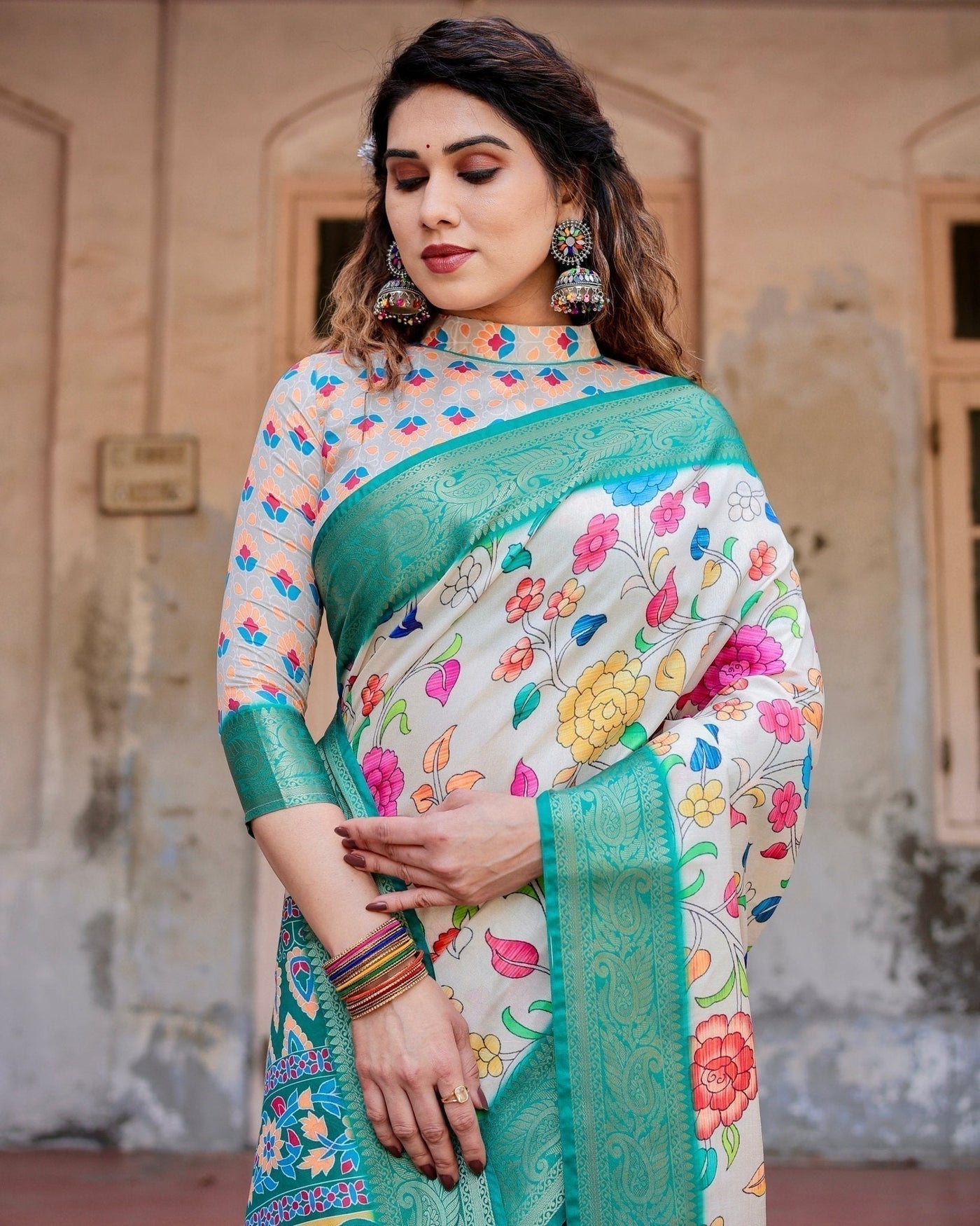 Pure Silk Digitally Printed Saree Weaved With Golden Zari Comes With Tassels - Almaari Fashion