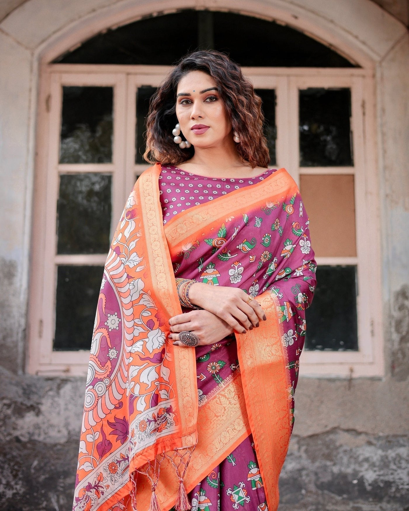 Pure Silk Digitally Printed Saree Weaved With Golden Zari Comes With Tassels - Almaari Fashion