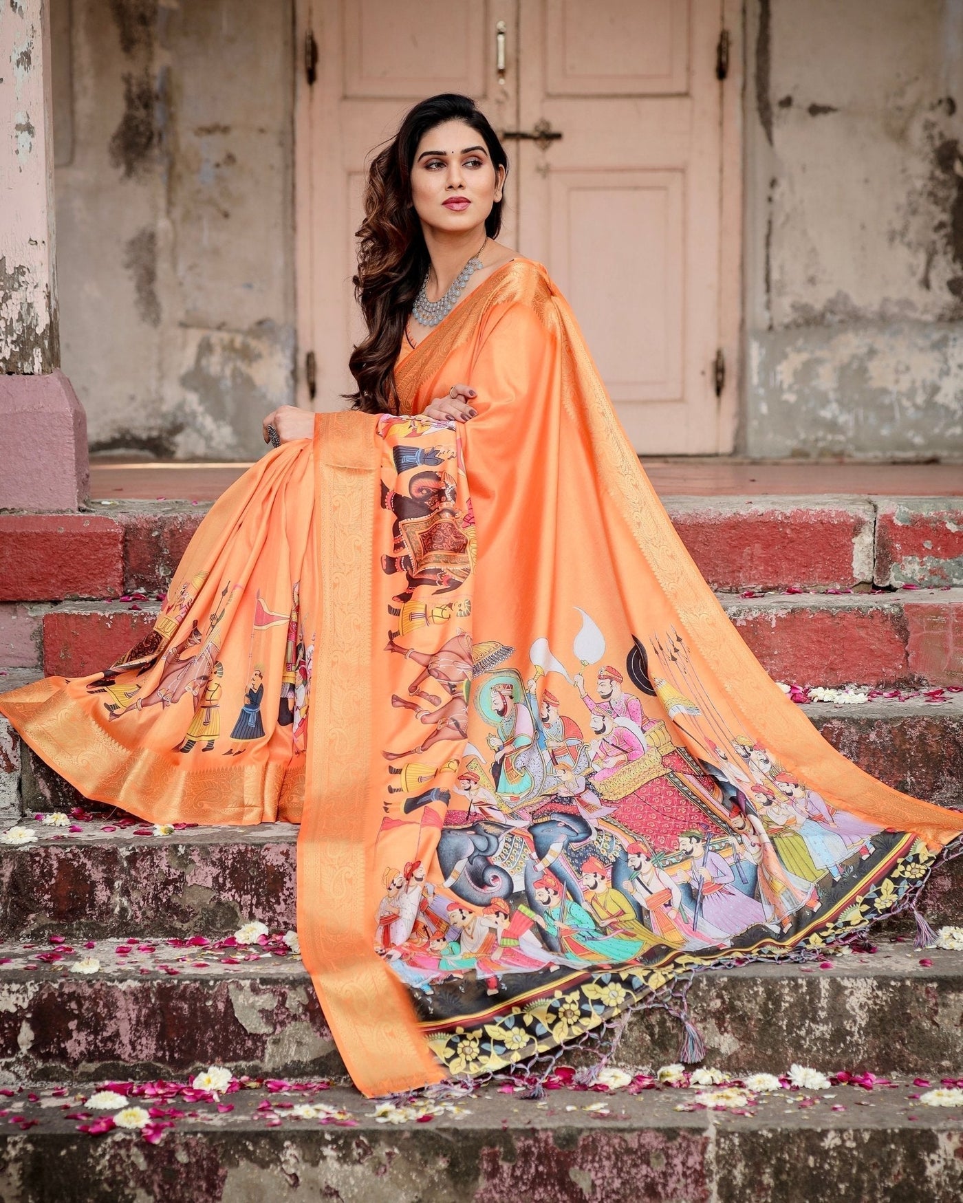 Pure Silk Digitally Printed Saree Weaved With Golden Zari Comes With Tassels - Almaari Fashion