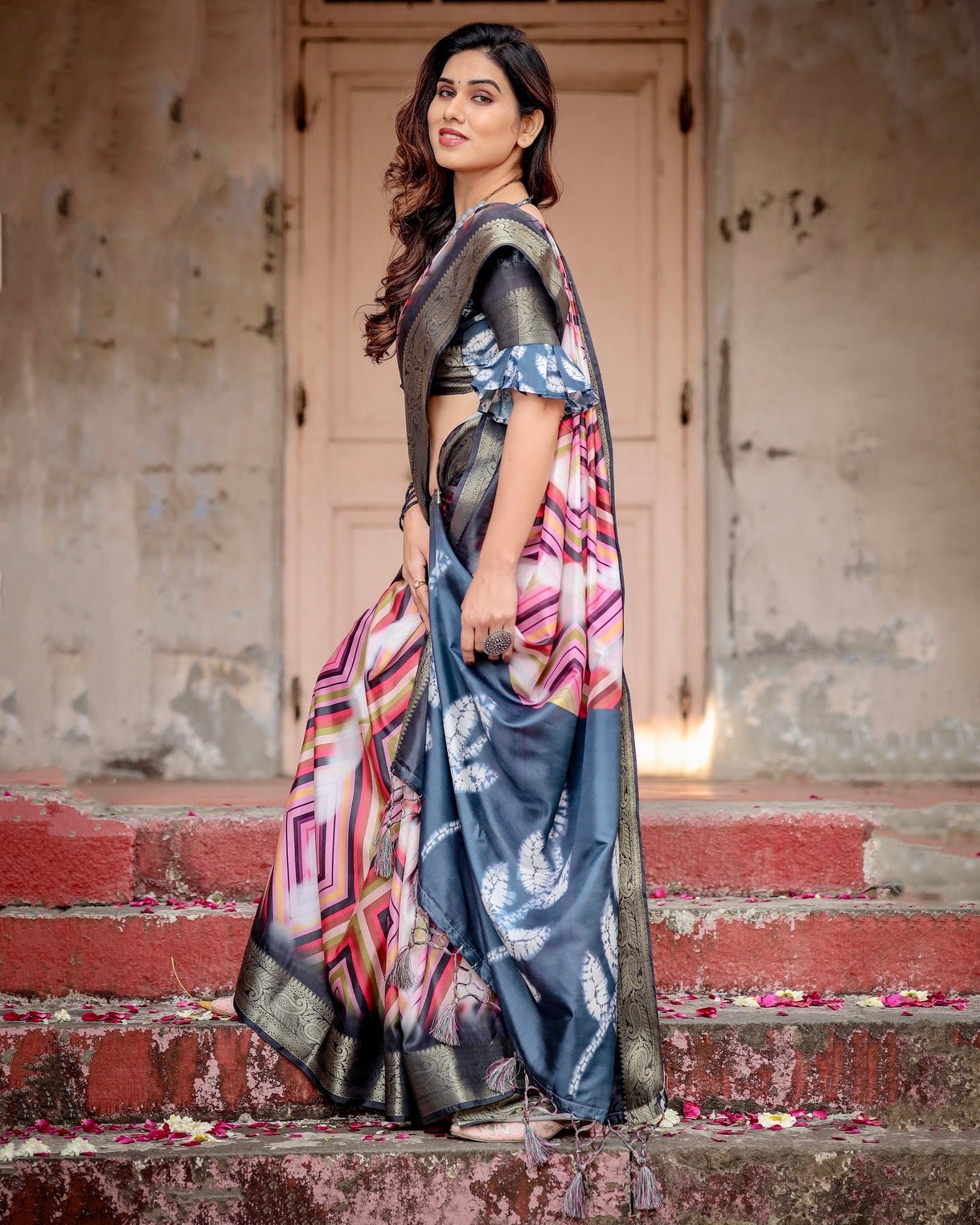 Pure Silk Digitally Printed Saree Weaved With Golden Zari Comes With Tassels - Almaari Fashion