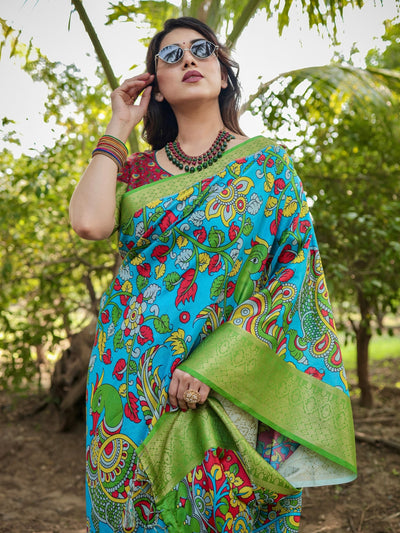 Pure Silk Digitally Printed Saree Weaved With Golden Zari Comes With Tassels - Almaari Fashion