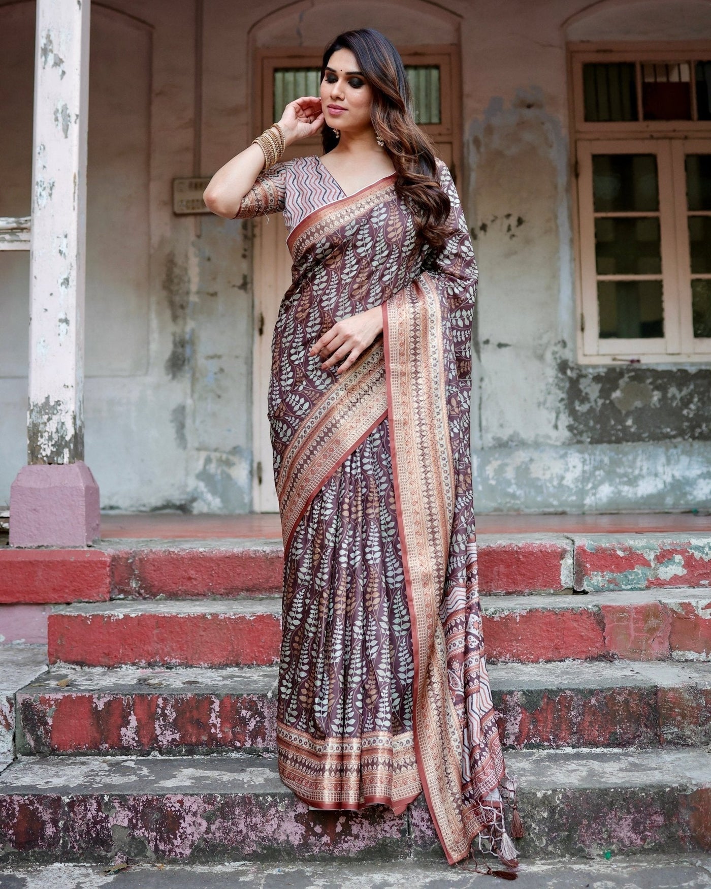 Pure Silk Digitally Printed Saree Weaved With Golden Zari Comes With Tassels - Almaari Fashion