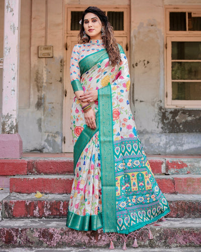 Pure Silk Digitally Printed Saree Weaved With Golden Zari Comes With Tassels - Almaari Fashion